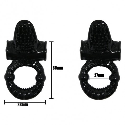 Чёрное эрекционное кольцо с вибрацией и щеточкой для клитора